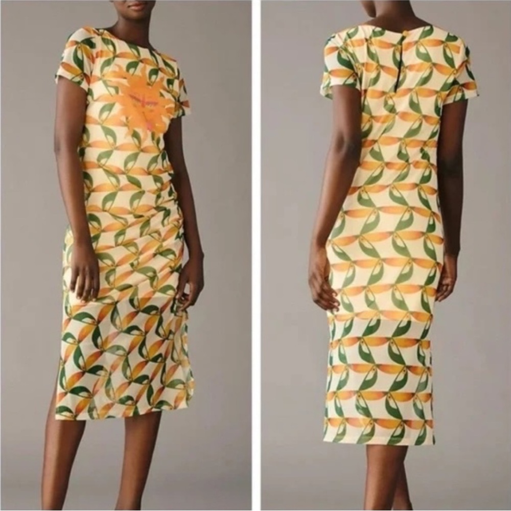 Farm Rio Orange Mesh Midi Dress Toucan Print Side Zip